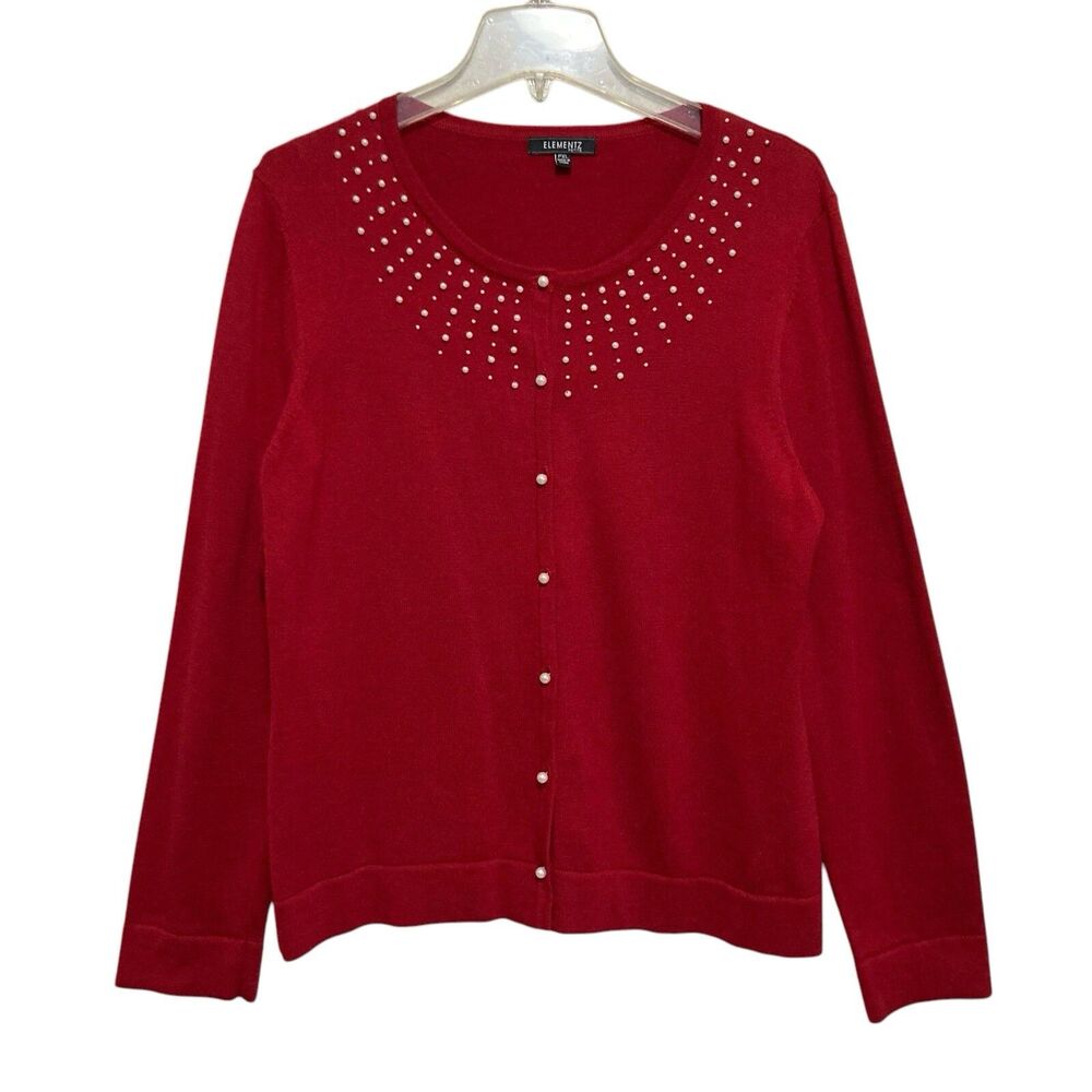 Elementz Button-Up Cardigan Sweater Womens Size PXL Red With Pearl Detail Knit